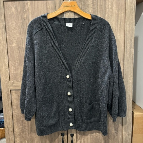 CAbi Sweaters - CAbi XL Cultured pearl snap button cardigan V neck Gray